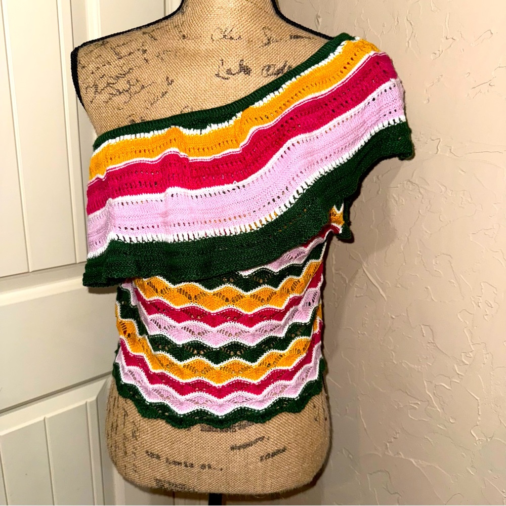 NWT Runway 7 Women's MED Colorful Cropped Knit Top Off One Shoulder Summer Shirt